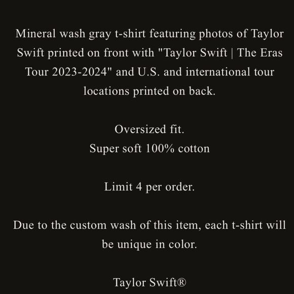 Taylor Swift The Eras Tour Mineral Wash Gray Crewneck Graphic T-Shirt. XS. NWOT. - Picture 7 of 9